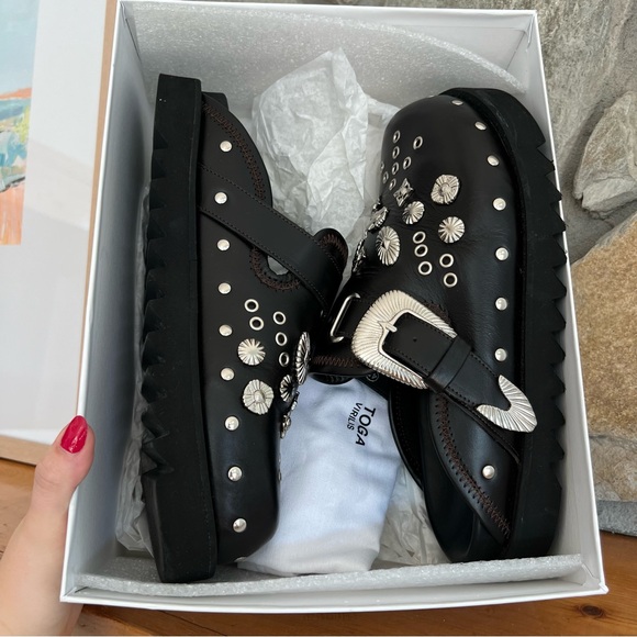 TOGA VIRILIS Men’s Black Eyelet Metal Sabot Slip-on Loafers Embellished Slippers - Picture 8 of 9